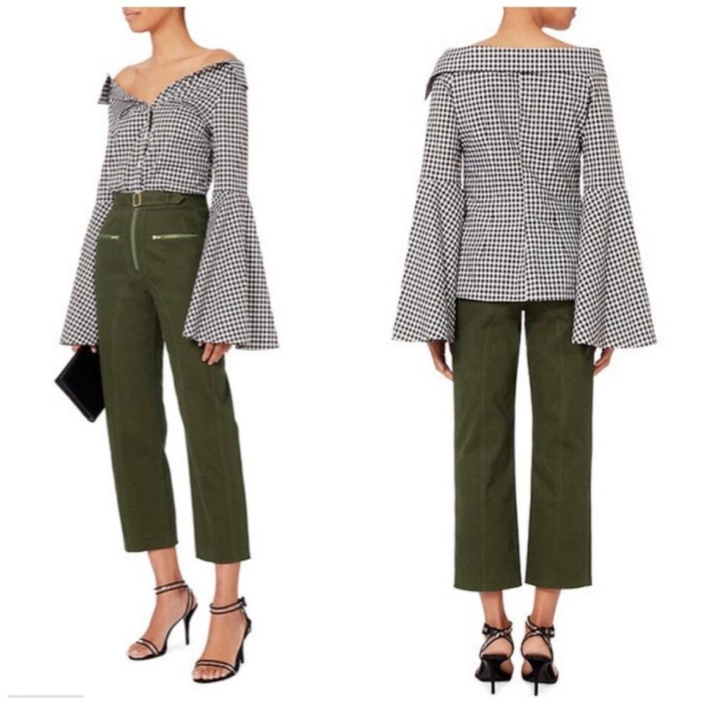 Caroline Constas‎ Women's Black Persephone Gingham Striped Bell Sleeve OTS Top